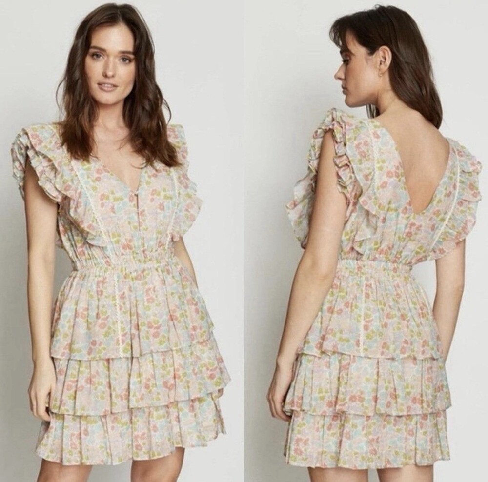 Anthropologie Women's Multicolor Floral Ruffle Layered Mini Dress Size L